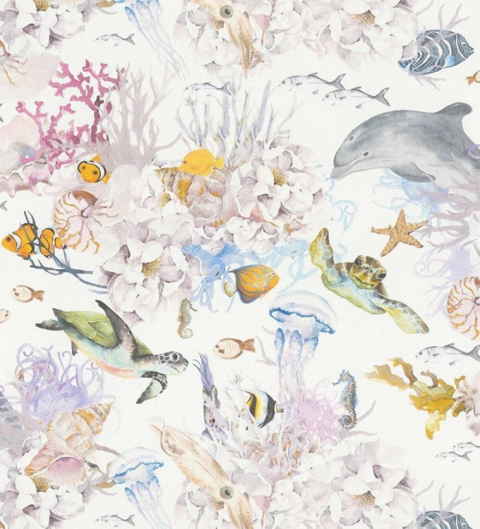 Papel pintado marino con arrecifes, peces, tortugas y delfines - Aquatic Dreams 683503
