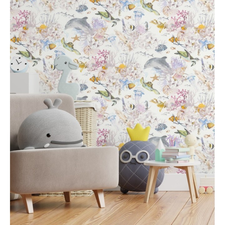 Papel pintado marino con arrecifes, peces, tortugas y delfines - Aquatic Dreams 683503