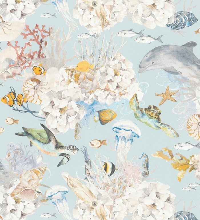 Papel pintado marino con arrecifes, peces, tortugas y delfines - Aquatic Dreams 683504