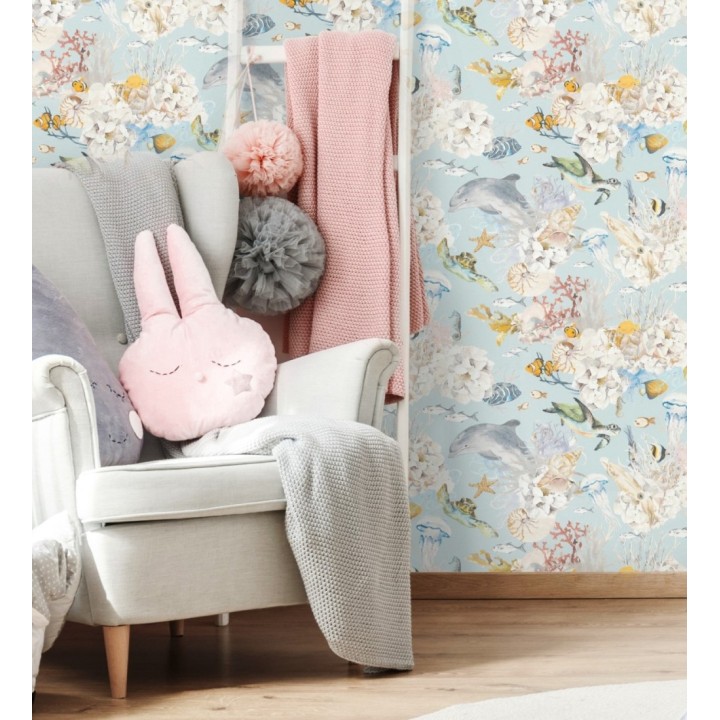 Papel pintado marino con arrecifes, peces, tortugas y delfines - Aquatic Dreams 683504