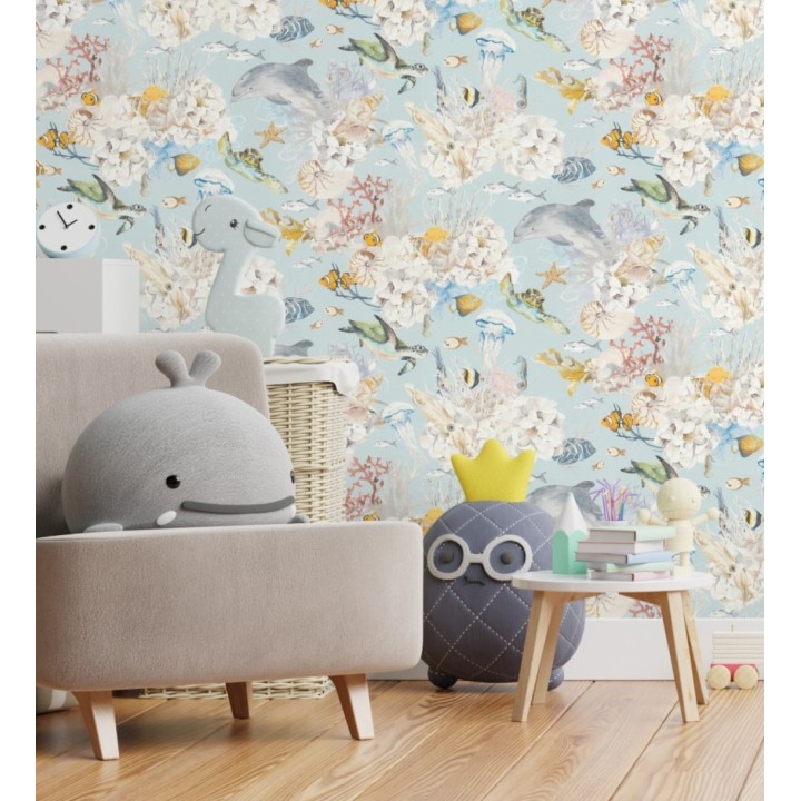 Papel pintado marino con arrecifes, peces, tortugas y delfines - Aquatic Dreams 683504