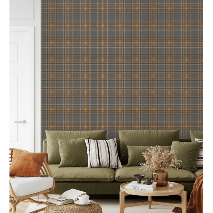 Papel pintado cuadros escoceses tonos gris oscuro y naranja - Paterson 683507
