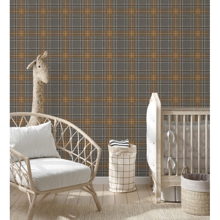 Papel pintado cuadros escoceses tonos gris oscuro y naranja - Paterson 683507