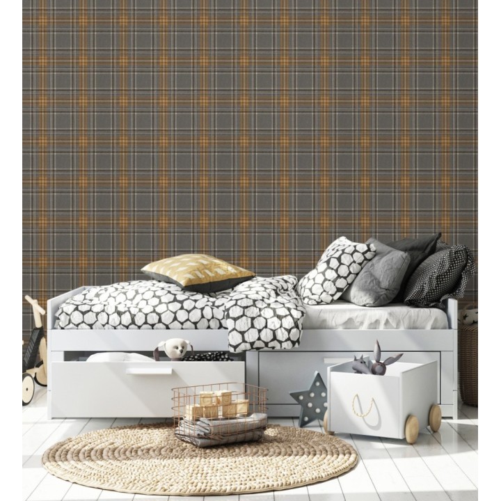 Papel pintado cuadros escoceses tonos gris oscuro y naranja - Paterson 683507