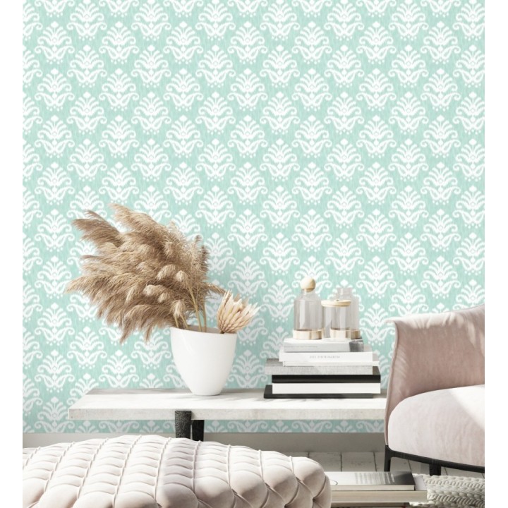Papel pintado damasco con efecto textil en tono verde agua - Tiffany 683511