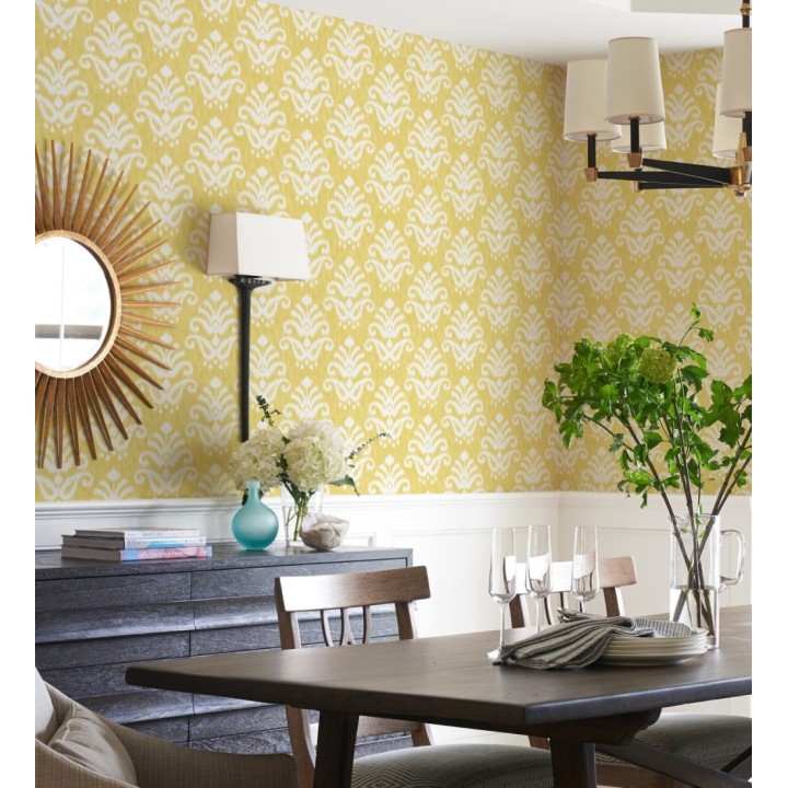 Papel pintado damasco con efecto textil en tono amarillo mostaza - Tiffany 683512