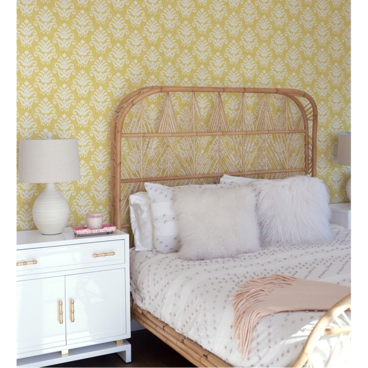 Papel pintado damasco con efecto textil en tono amarillo mostaza - Tiffany 683512