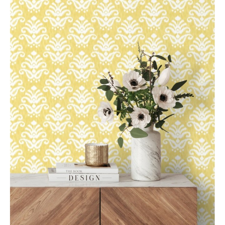Papel pintado damasco con efecto textil en tono amarillo mostaza - Tiffany 683512