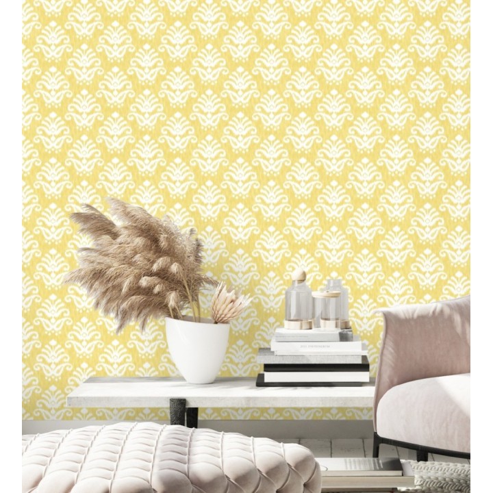 Papel pintado damasco con efecto textil en tono amarillo mostaza - Tiffany 683512