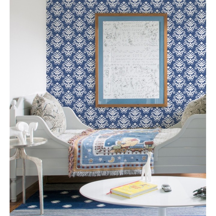 Papel pintado damasco con efecto textil en tono azul marino claro - Tiffany 683513