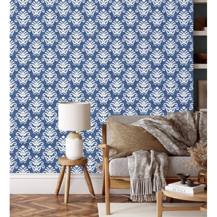 Papel pintado damasco con efecto textil en tono azul marino claro - Tiffany 683513