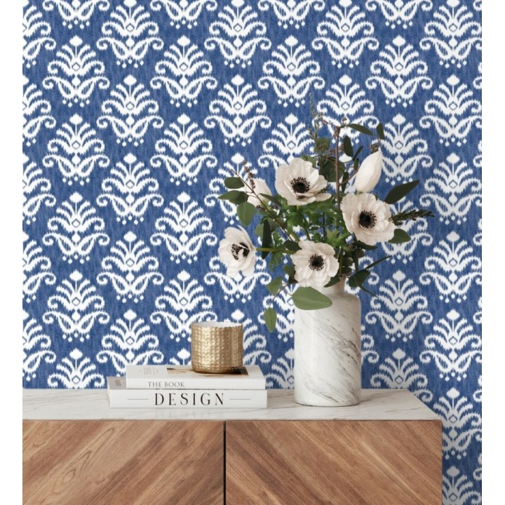 Papel pintado damasco con efecto textil en tono azul marino claro - Tiffany 683513