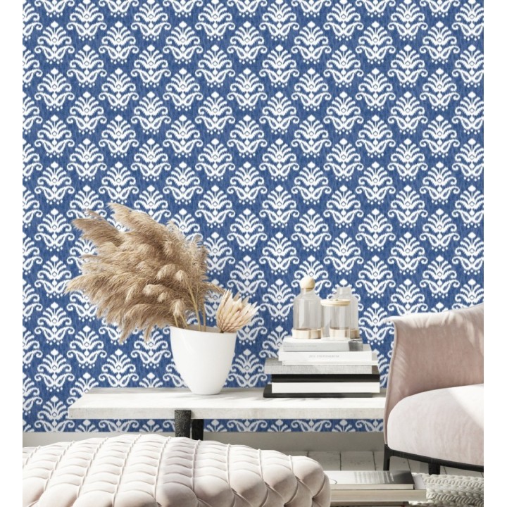 Papel pintado damasco con efecto textil en tono azul marino claro - Tiffany 683513
