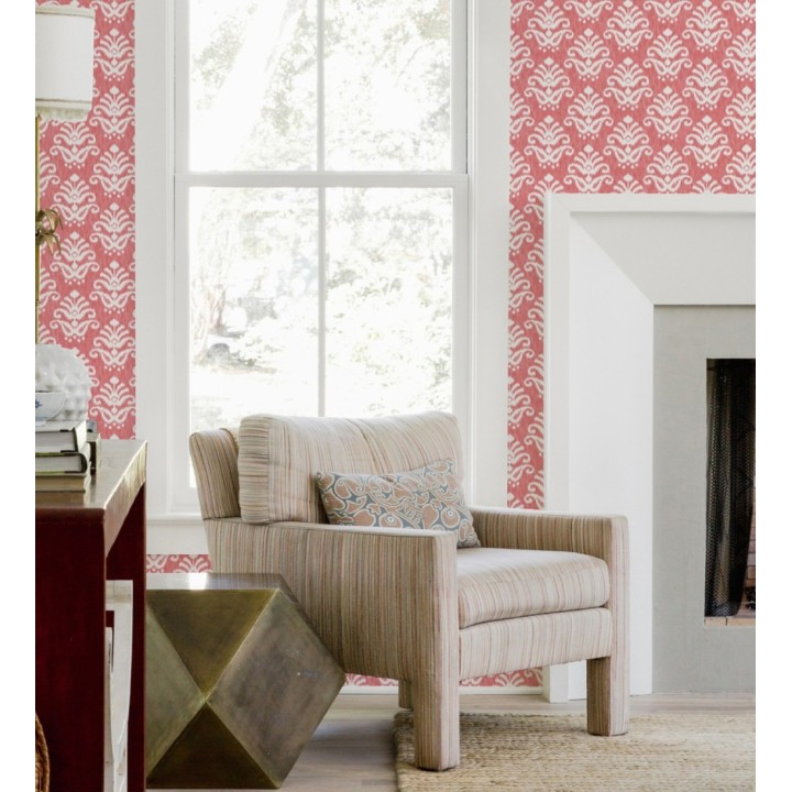 Papel pintado damasco con efecto textil en tono coral rojo - Tiffany 683514