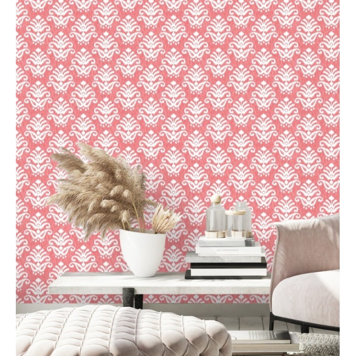 Papel pintado damasco con efecto textil en tono coral rojo - Tiffany 683514