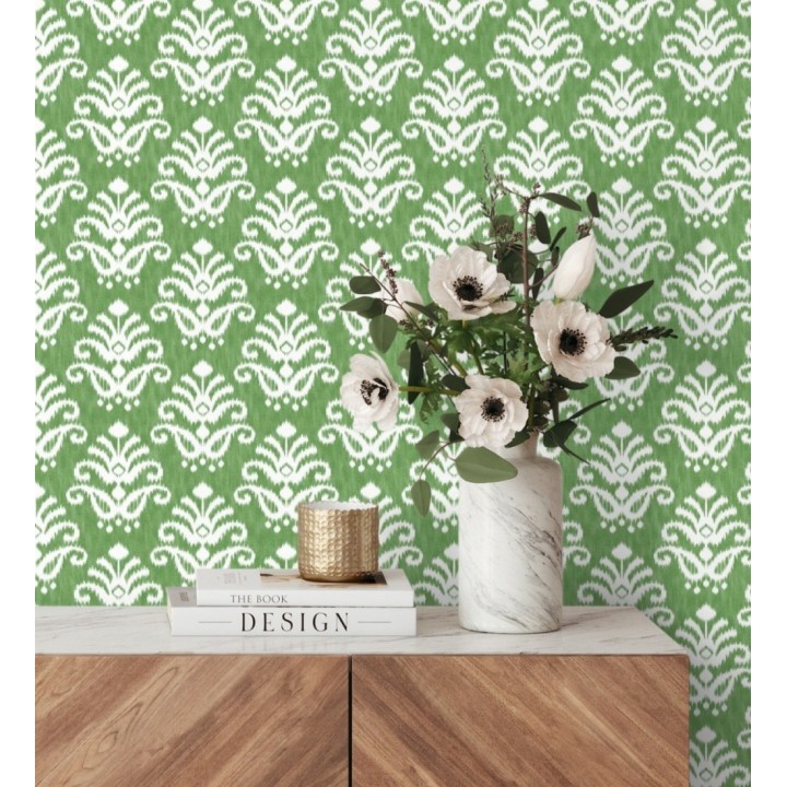 Papel pintado damasco con efecto textil en tono verde esmeralda - Tiffany 683515