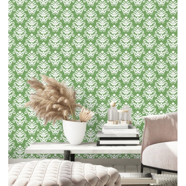 Papel pintado damasco con efecto textil en tono verde esmeralda - Tiffany 683515