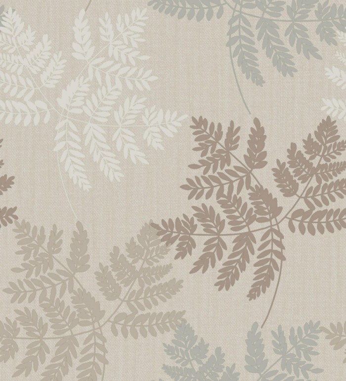 Papel pintado de hojas beige y metalizadas con fondo de lino en tonos naturales - Savoy Whisper 683517
