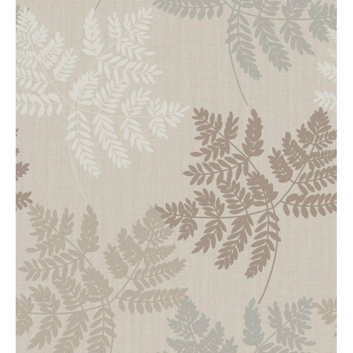 Papel pintado de hojas beige y metalizadas con fondo de lino en tonos naturales - Savoy Whisper 683517