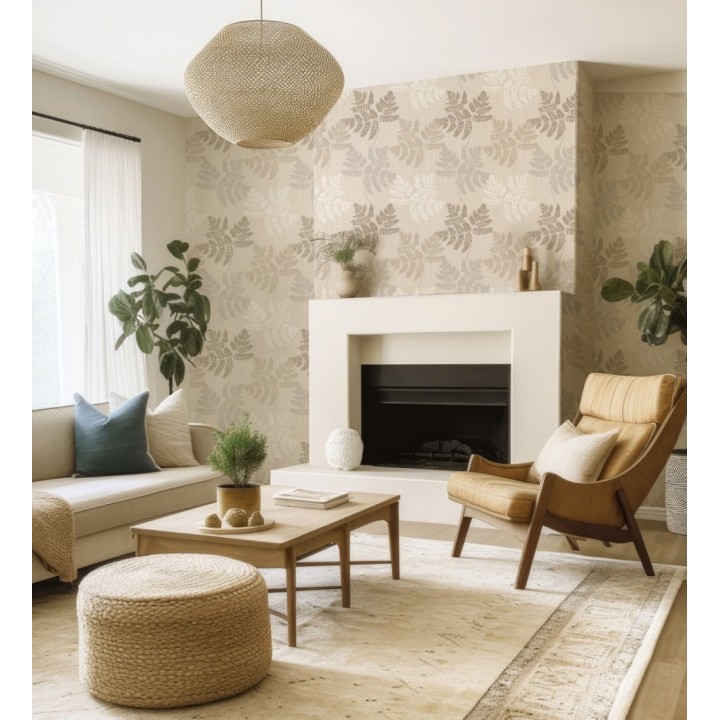 Papel pintado de hojas beige y metalizadas con fondo de lino en tonos naturales - Savoy Whisper 683517