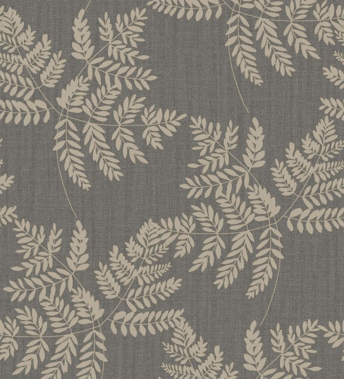Papel pintado de hojas doradas con fondo de lino en tonos gris oscuro - Savoy Whisper 683518