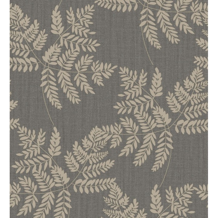 Papel pintado de hojas doradas con fondo de lino en tonos gris oscuro - Savoy Whisper 683518