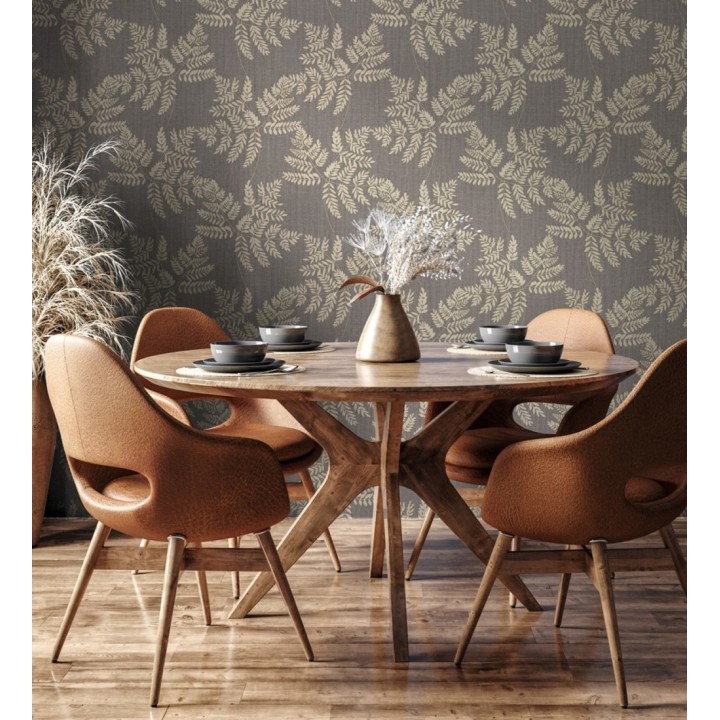 Papel pintado de hojas doradas con fondo de lino en tonos gris oscuro - Savoy Whisper 683518
