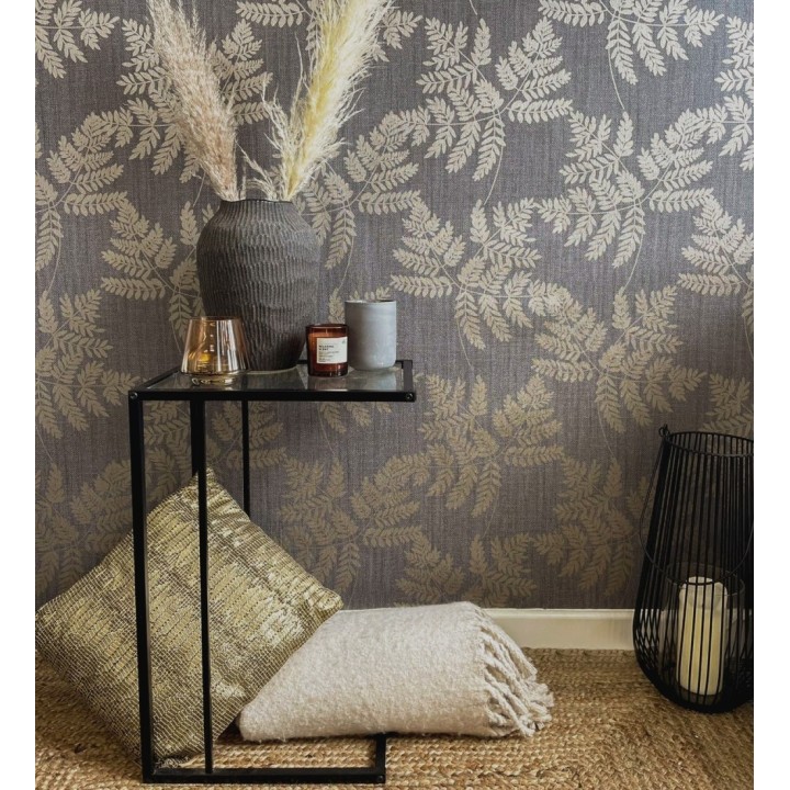 Papel pintado de hojas doradas con fondo de lino en tonos gris oscuro - Savoy Whisper 683518