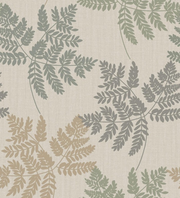 Papel pintado de hojas verdes y ocre con fondo de lino en tonos naturales - Savoy Whisper 683519