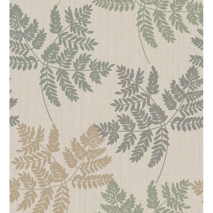 Papel pintado de hojas verdes y ocre con fondo de lino en tonos naturales - Savoy Whisper 683519