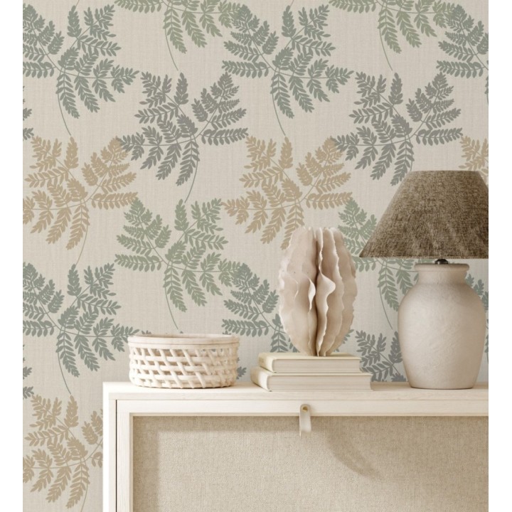 Papel pintado de hojas verdes y ocre con fondo de lino en tonos naturales - Savoy Whisper 683519