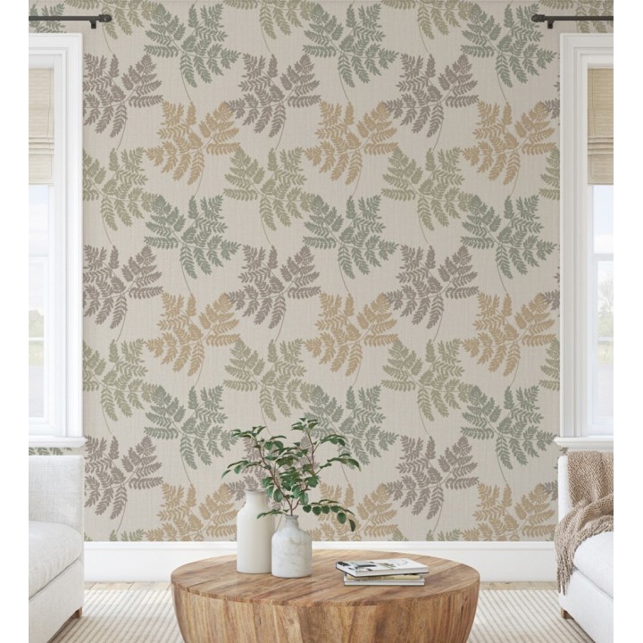 Papel pintado de hojas verdes y ocre con fondo de lino en tonos naturales - Savoy Whisper 683519