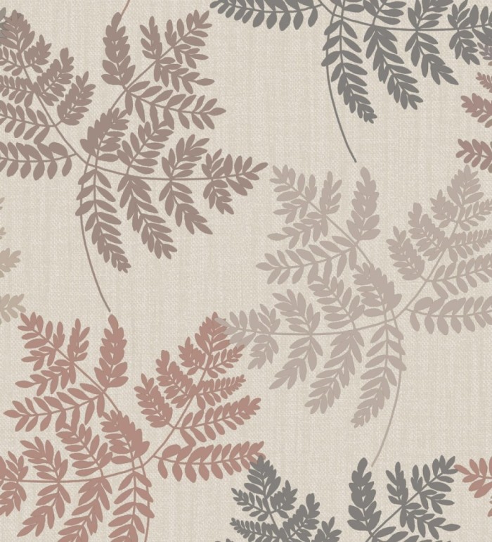 Papel pintado de hojas terracota y gris oscuro con fondo de lino en tonos naturales - Savoy Whisper 683520