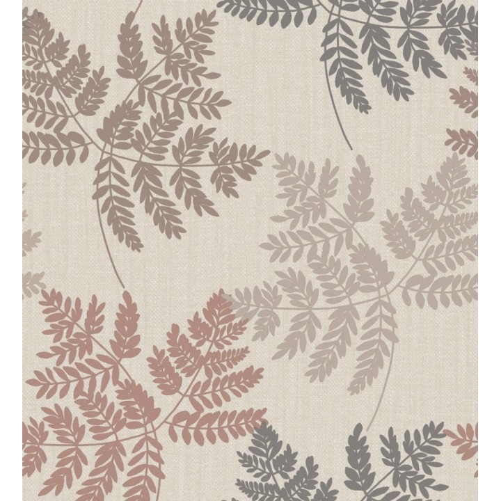 Papel pintado de hojas terracota y gris oscuro con fondo de lino en tonos naturales - Savoy Whisper 683520