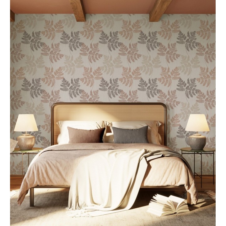 Papel pintado de hojas terracota y gris oscuro con fondo de lino en tonos naturales - Savoy Whisper 683520