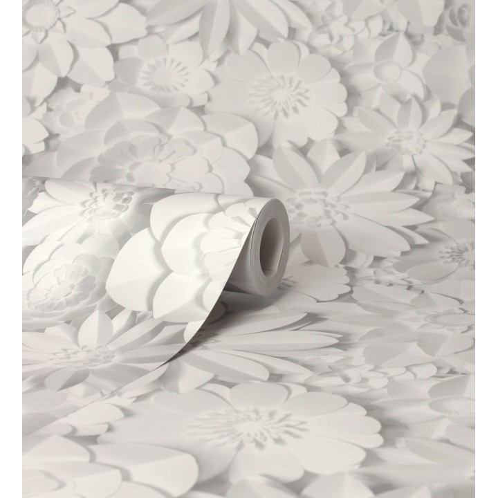 Papel pintado floral con efecto flores 3D en color blanco y gris estilo origami - Enora Petals 683523