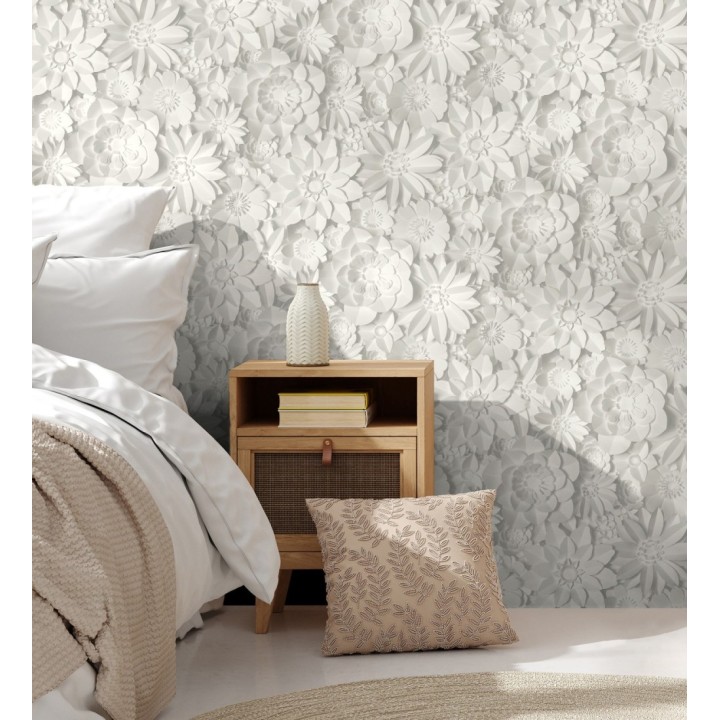 Papel pintado floral con efecto flores 3D en color blanco y gris estilo origami - Enora Petals 683523