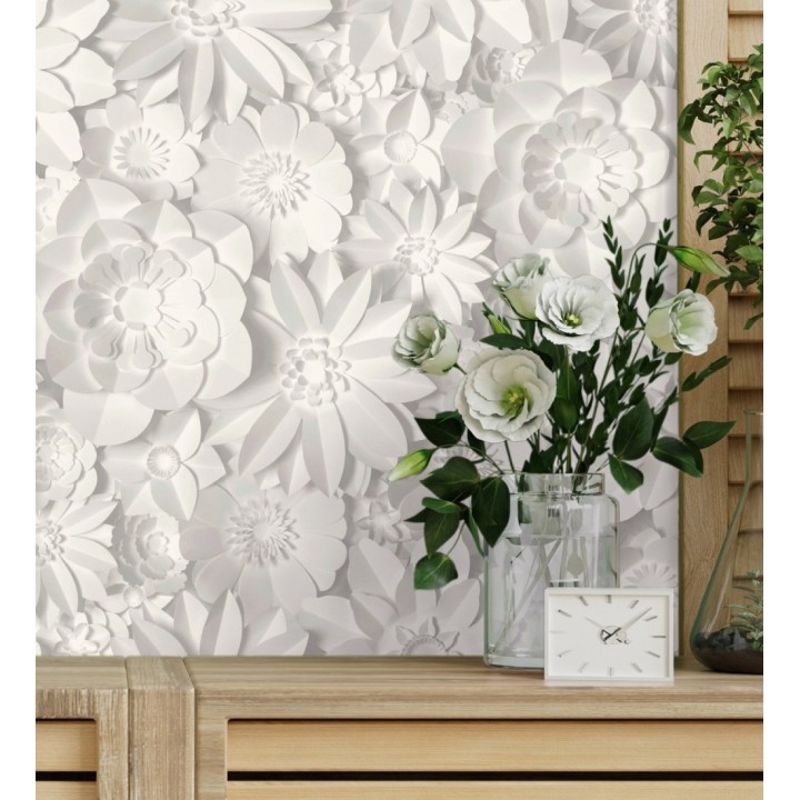 Papel pintado floral con efecto flores 3D en color blanco y gris estilo origami - Enora Petals 683523