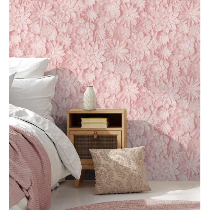 Papel pintado floral con efecto flores 3D en color rosa estilo origami - Enora Petals 683524