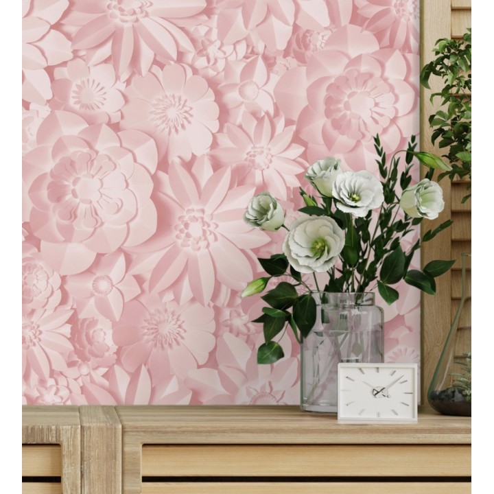 Papel pintado floral con efecto flores 3D en color rosa estilo origami - Enora Petals 683524