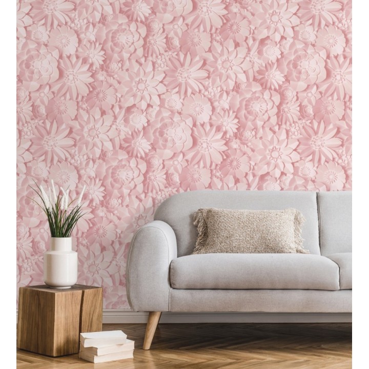 Papel pintado floral con efecto flores 3D en color rosa estilo origami - Enora Petals 683524