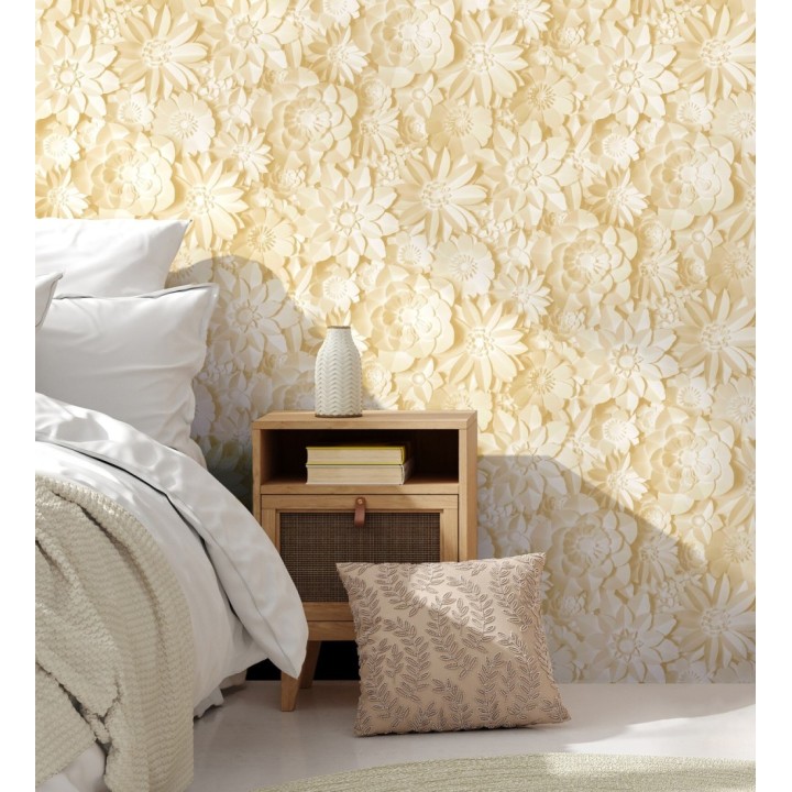 Papel pintado floral con efecto flores 3D en color amarillo estilo origami - Enora Petals 683525