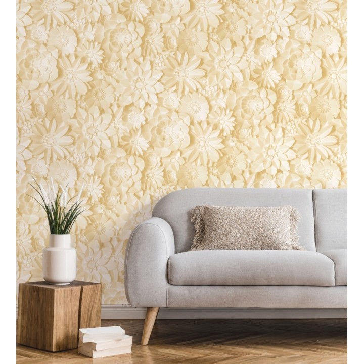 Papel pintado floral con efecto flores 3D en color amarillo estilo origami - Enora Petals 683525