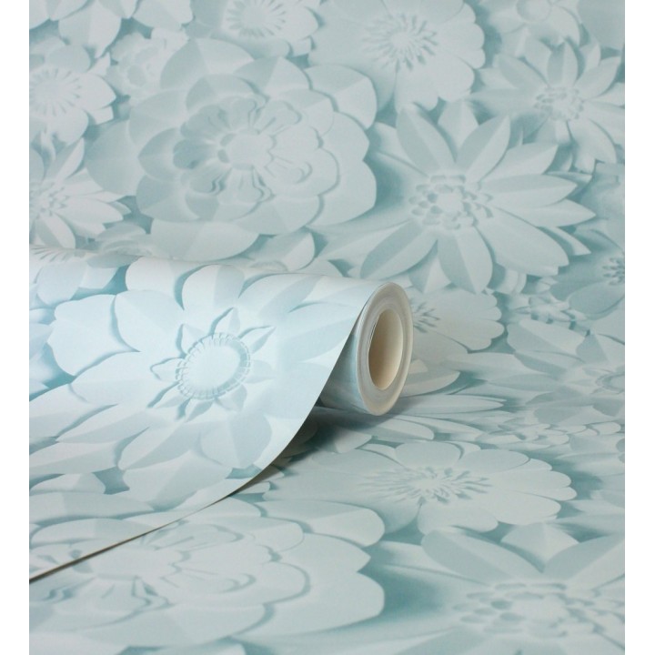 Papel pintado floral con efecto flores 3D en color azul celeste estilo origami - Enora Petals 683526