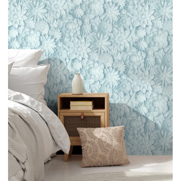 Papel pintado floral con efecto flores 3D en color azul celeste estilo origami - Enora Petals 683526
