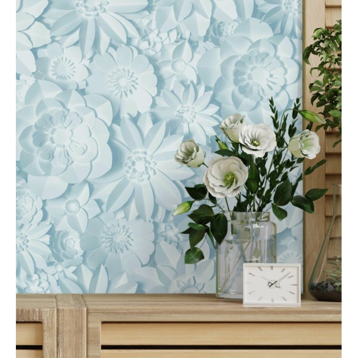 Papel pintado floral con efecto flores 3D en color azul celeste estilo origami - Enora Petals 683526