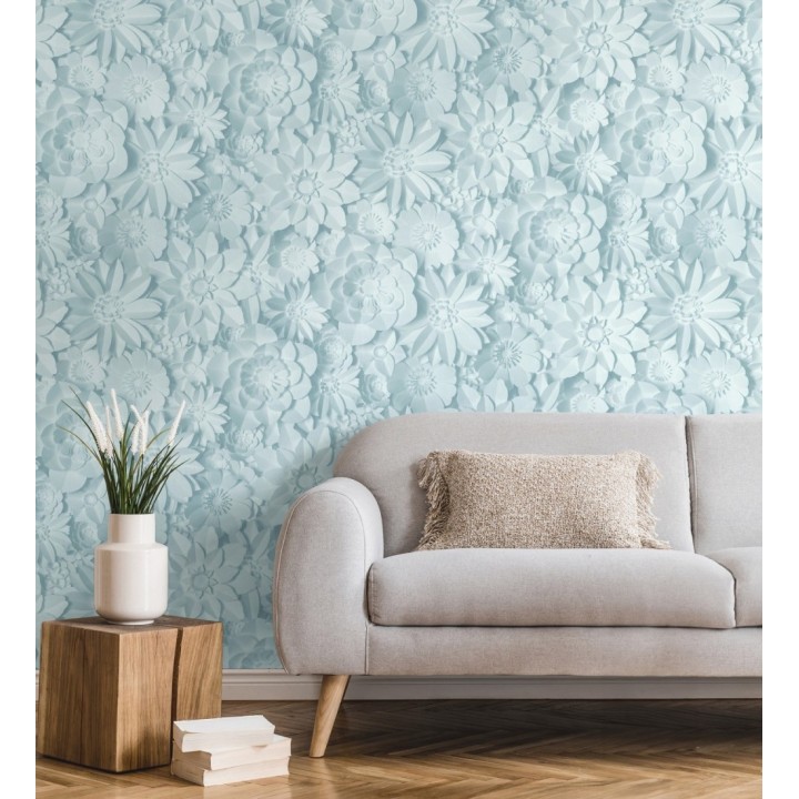 Papel pintado floral con efecto flores 3D en color azul celeste estilo origami - Enora Petals 683526