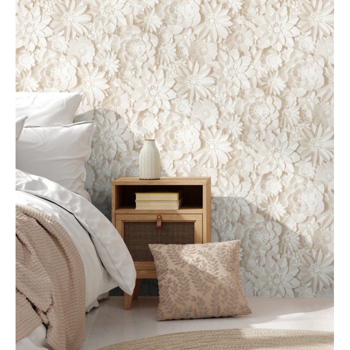 Papel pintado floral con efecto flores 3D en color beige estilo origami - Enora Petals 683533