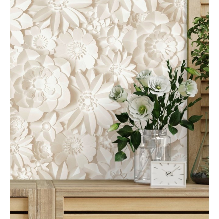 Papel pintado floral con efecto flores 3D en color beige estilo origami - Enora Petals 683533