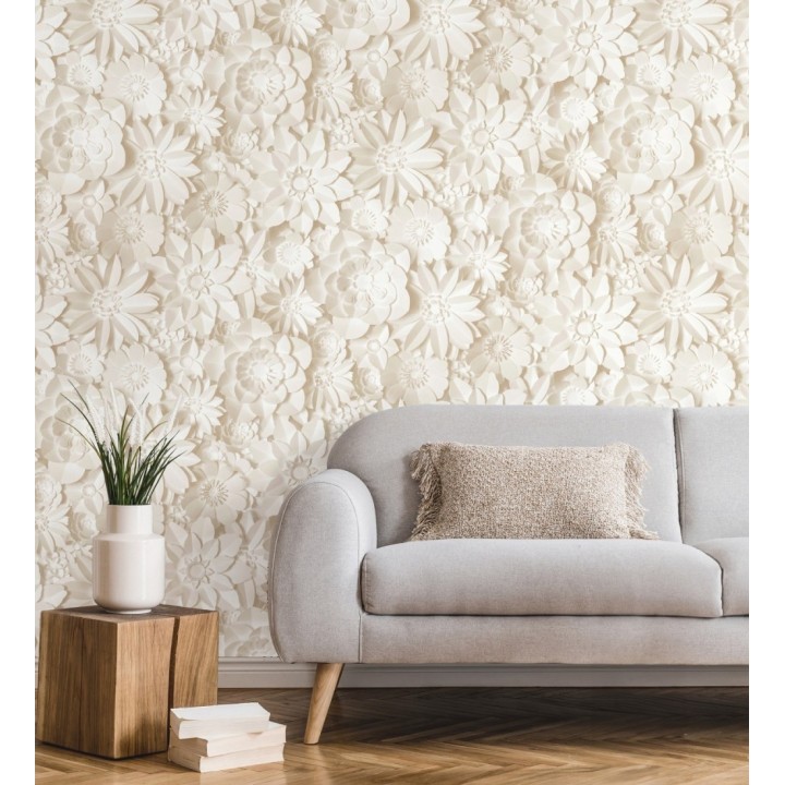 Papel pintado floral con efecto flores 3D en color beige estilo origami - Enora Petals 683533